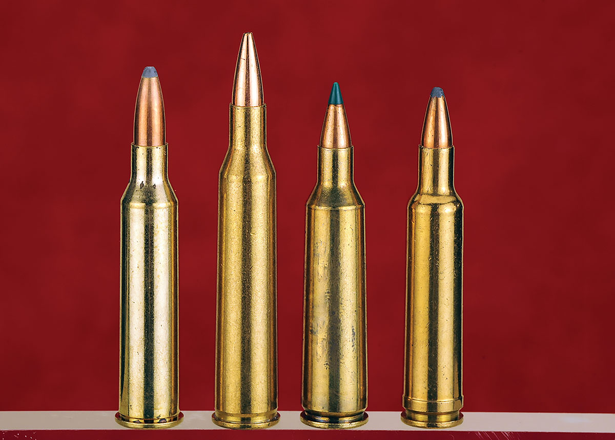 Shown here as 22-caliber varmint cartridges from left to right are the 225 Winchester, 220 Swift, 22-250 Remington and the 224 Weatherby Magnum.